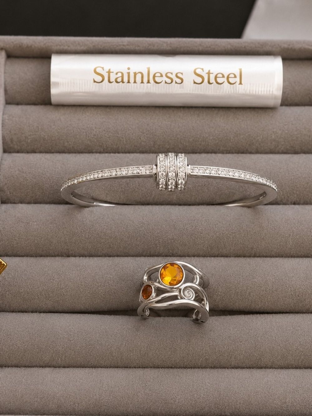 Stainless Steel Bracelet Ring Set Amber Gemstone - Picture 2 of 7